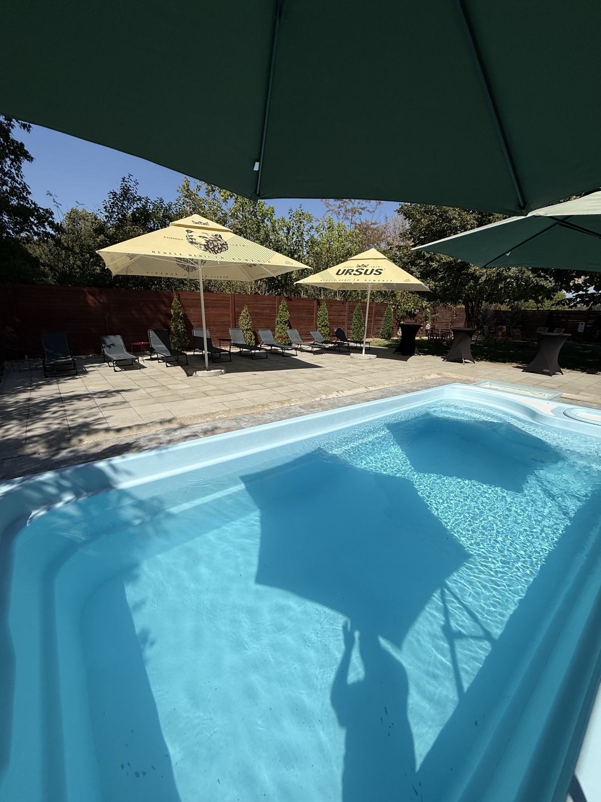 Piscină și zonă de relaxare cu umbrele la MNG