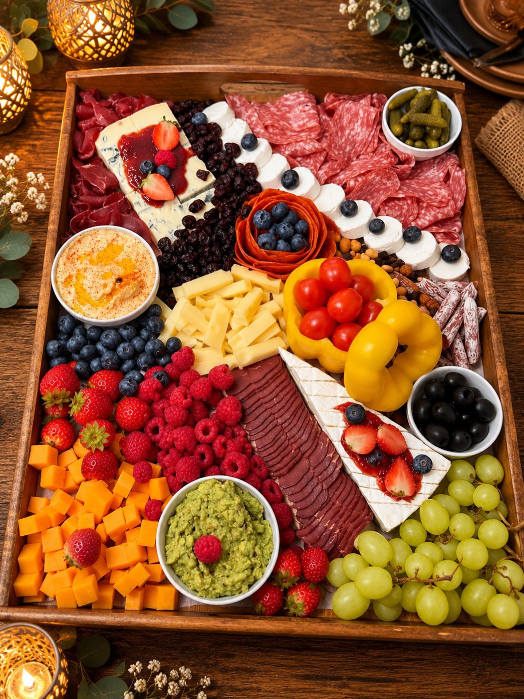Charcuterie Board Deluxe cu brânzeturi, mezeluri, fructe de pădure, struguri, hummus și guacamole