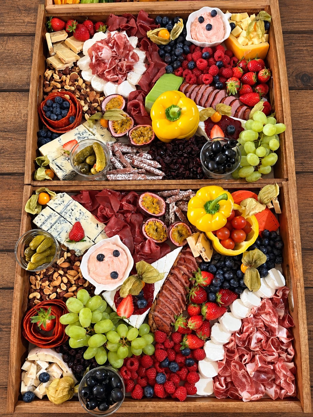 Două platouri mari MNG cu brânzeturi, mezeluri, fructe de pădure, struguri și nuci
