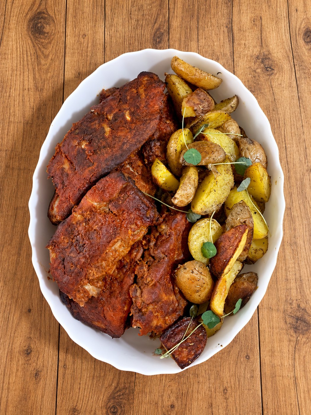Coaste de porc BBQ cu cartofi copți cu cimbru și rozmarin, în platou alb