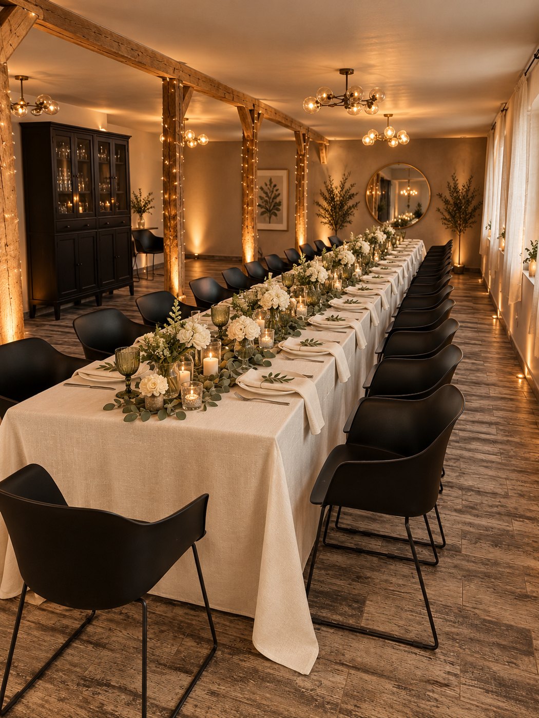 Salonul interior MNG, cu masă lungă aranjată festiv, lumânări și grinzi de lemn